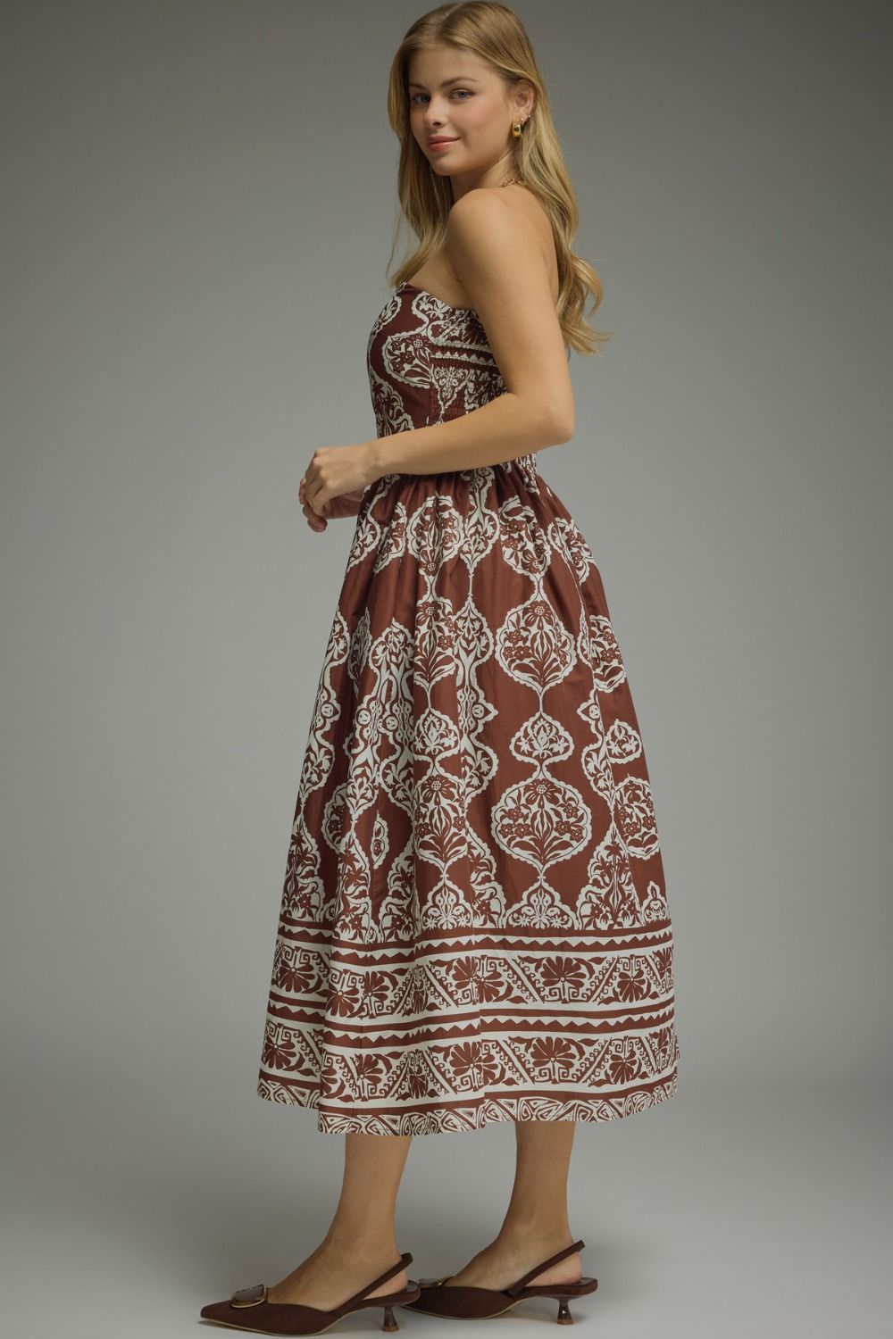 Strapless Print Midi Dress