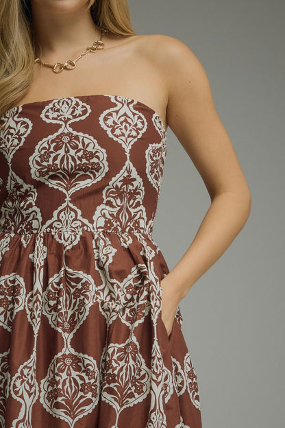 Strapless Print Midi Dress