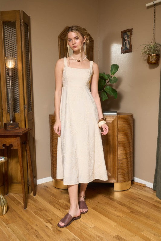 Textured Embroidery Strap Midi Dress