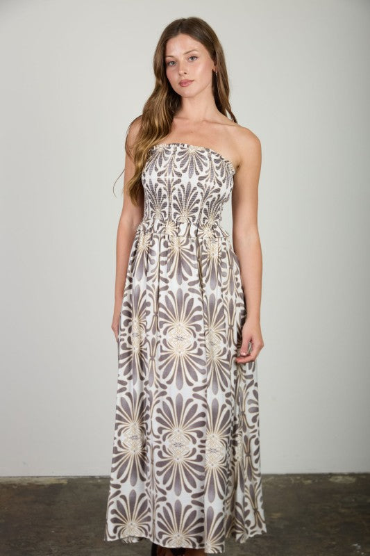 Demask Pattern Strapless Midi Dress