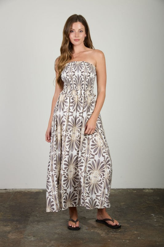 Demask Pattern Strapless Midi Dress