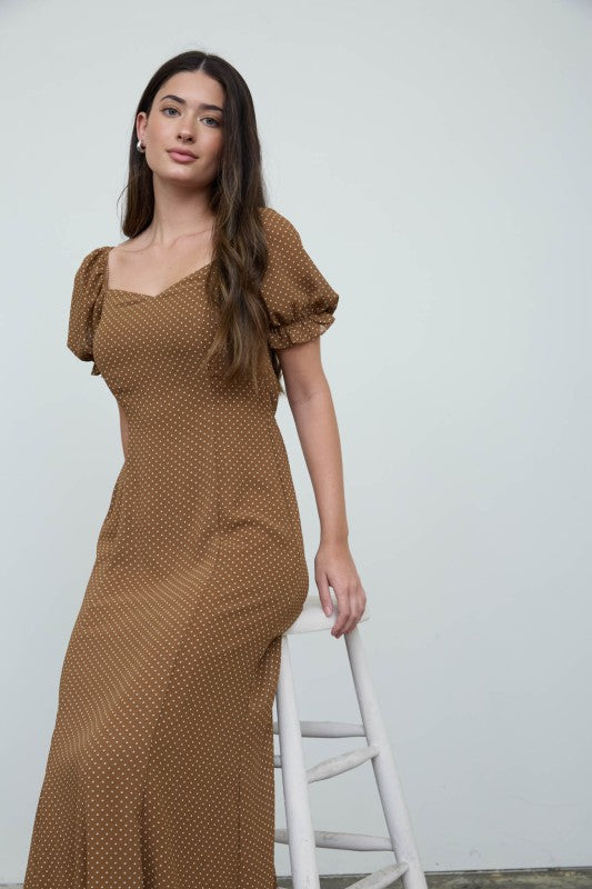 Polka Dot Sweetheart Puff Sleeve Midi Dress