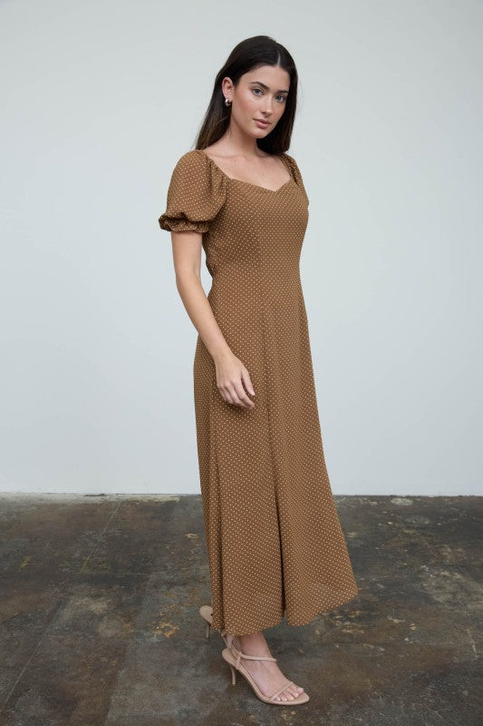 Polka Dot Sweetheart Puff Sleeve Midi Dress