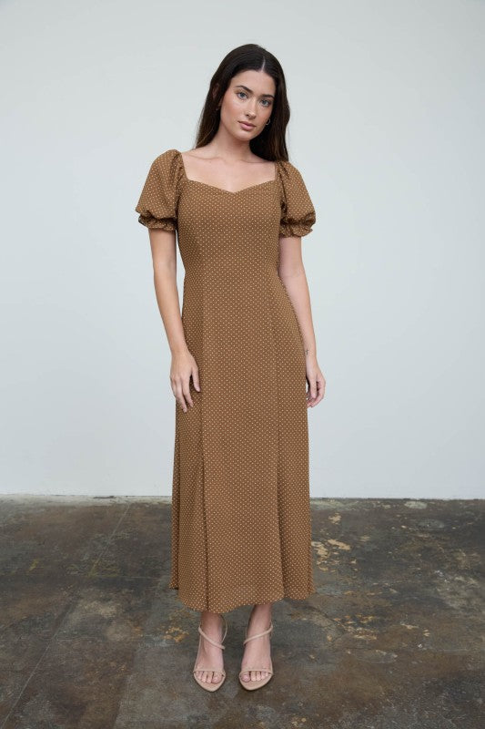 Polka Dot Sweetheart Puff Sleeve Midi Dress