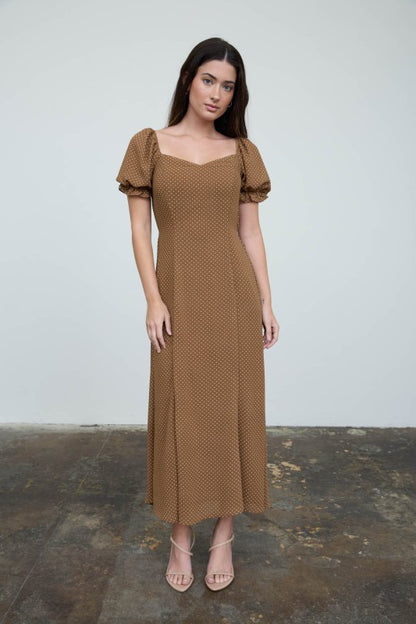 Polka Dot Sweetheart Puff Sleeve Midi Dress