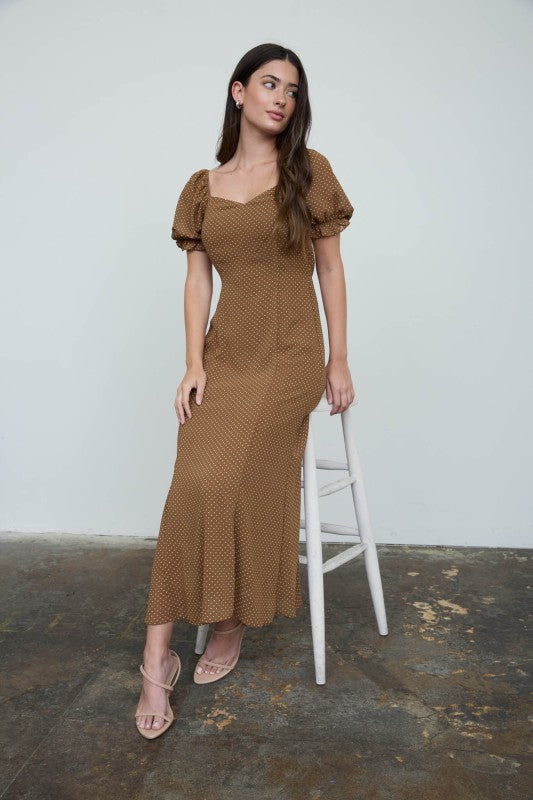 Polka Dot Sweetheart Puff Sleeve Midi Dress