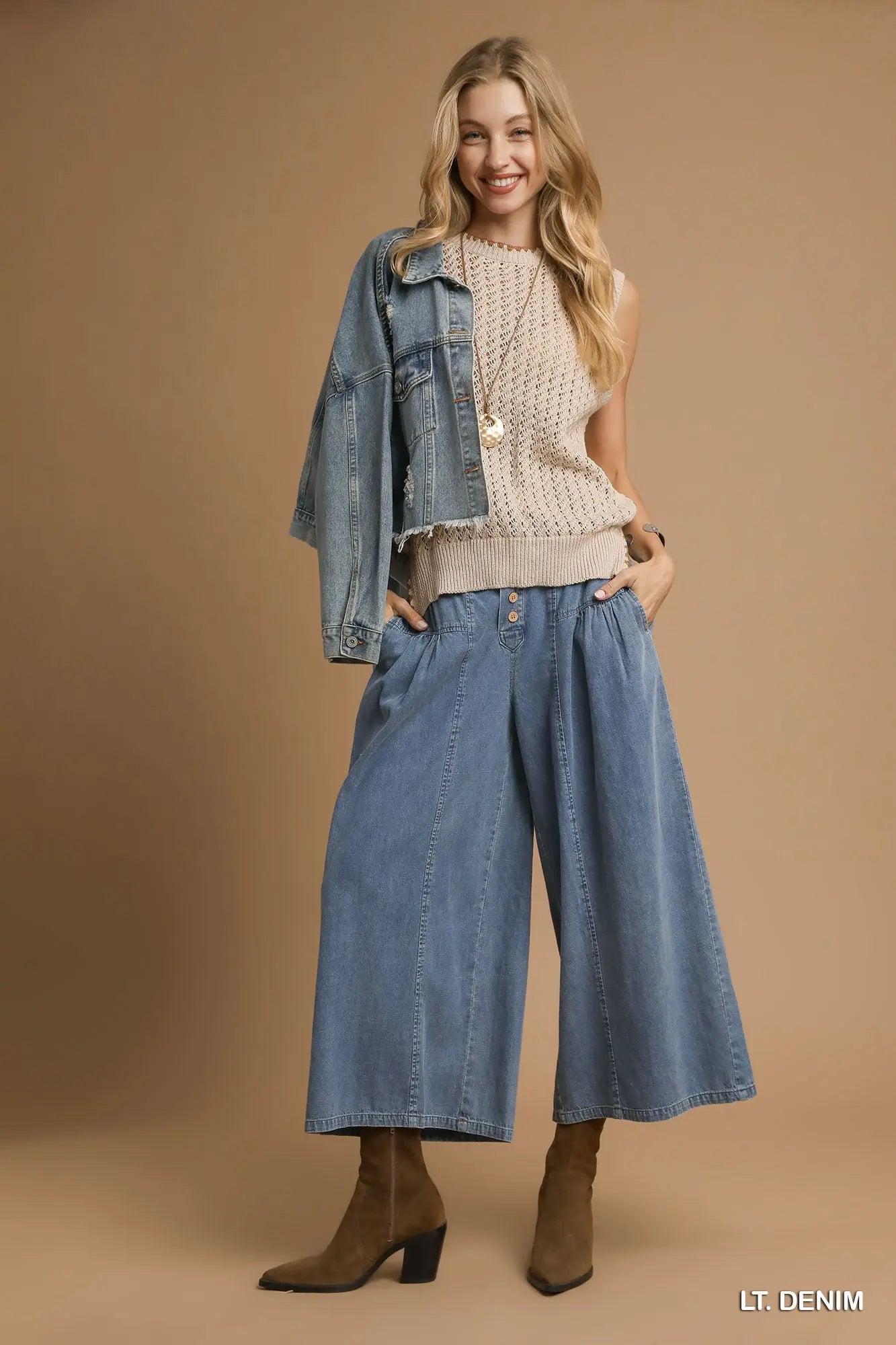 Stone Washed Denim Wide Leg Pants