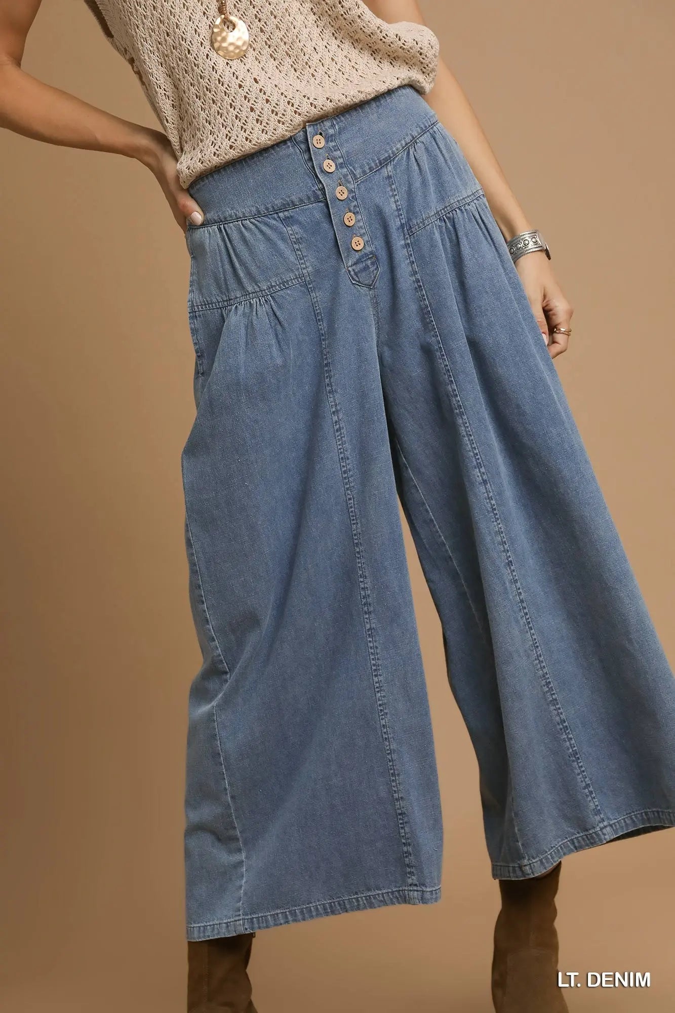 Stone Washed Denim Wide Leg Pants