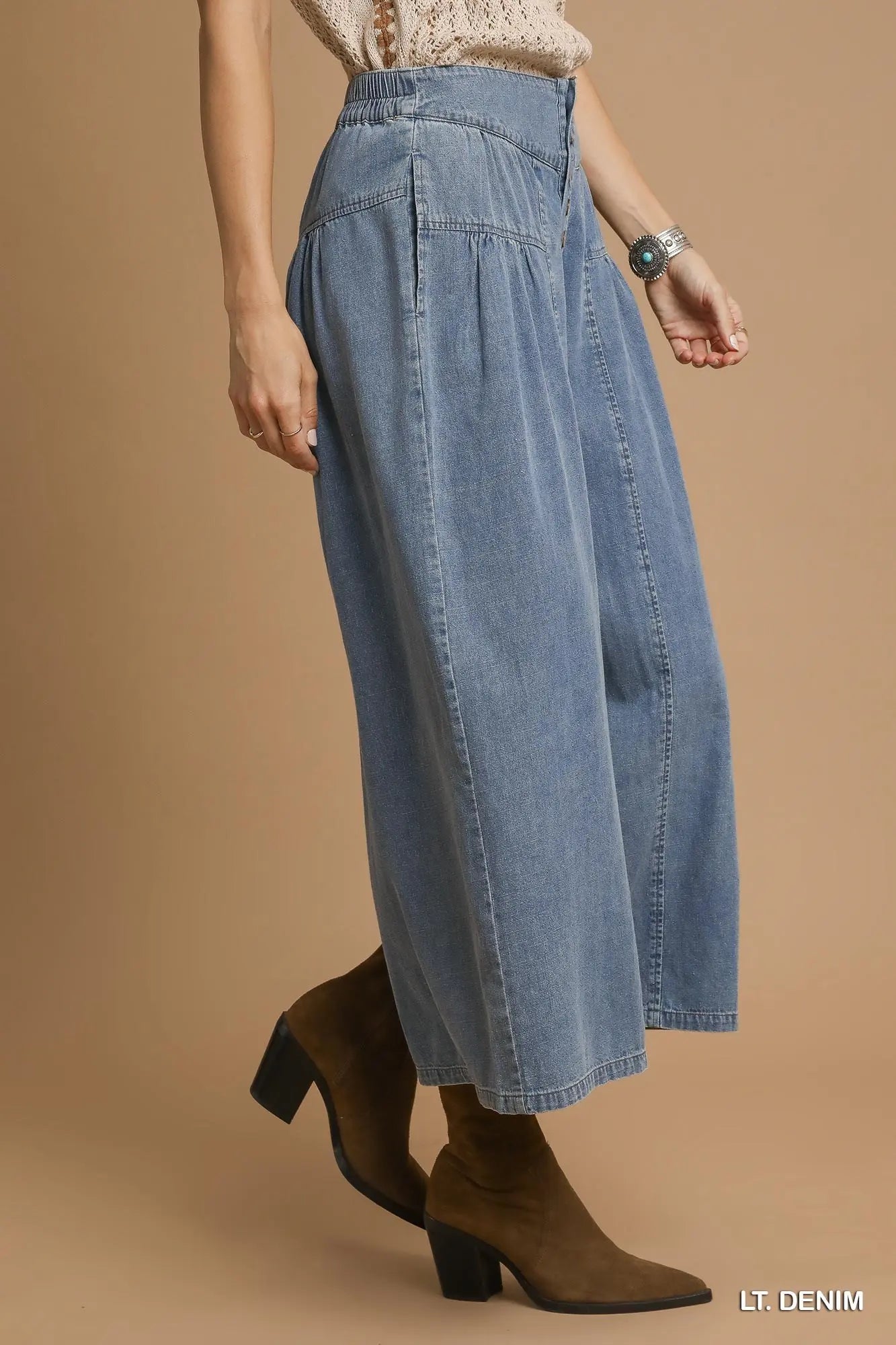 Stone Washed Denim Wide Leg Pants