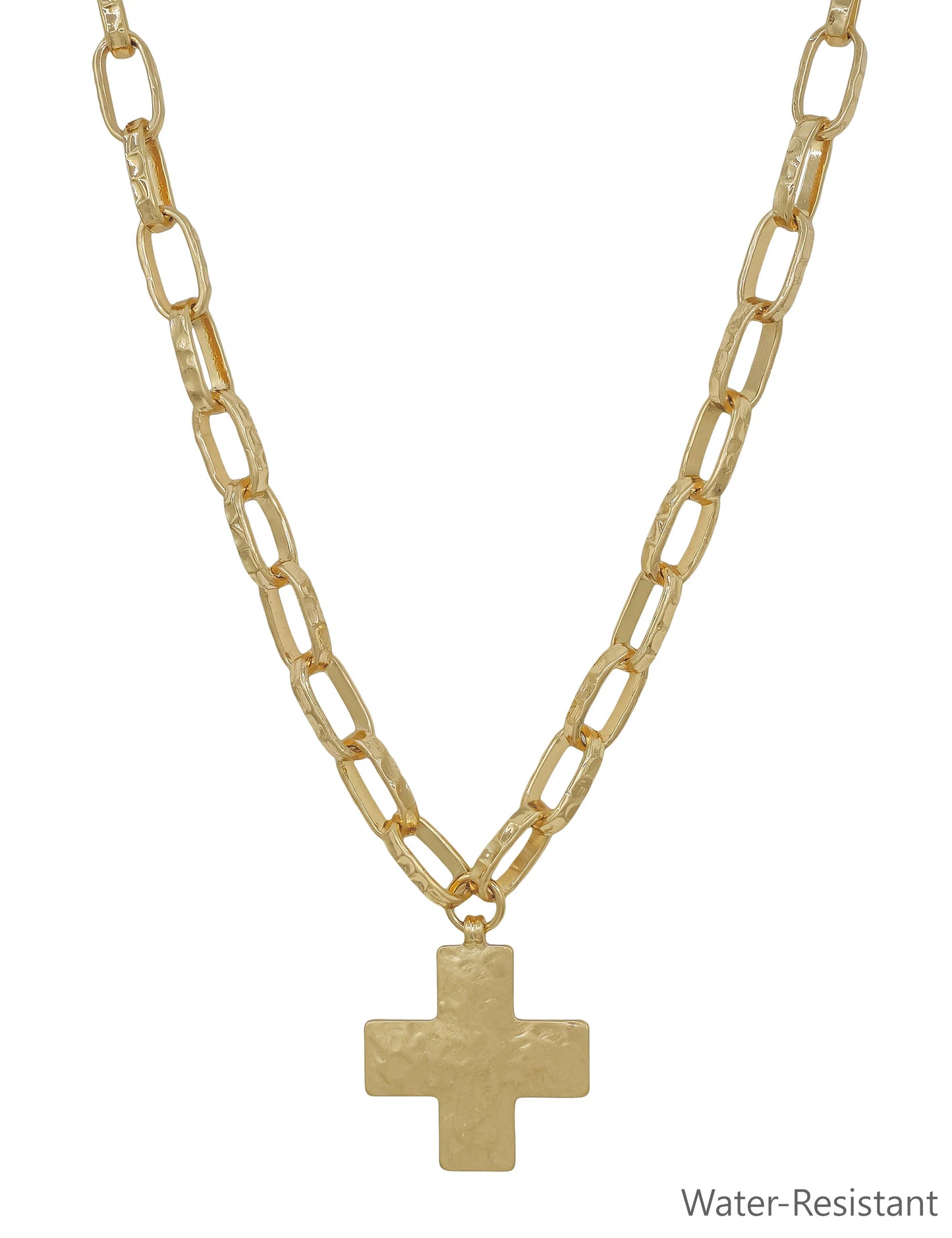 Water Resistant Gold Open Chain with Hammered Cross