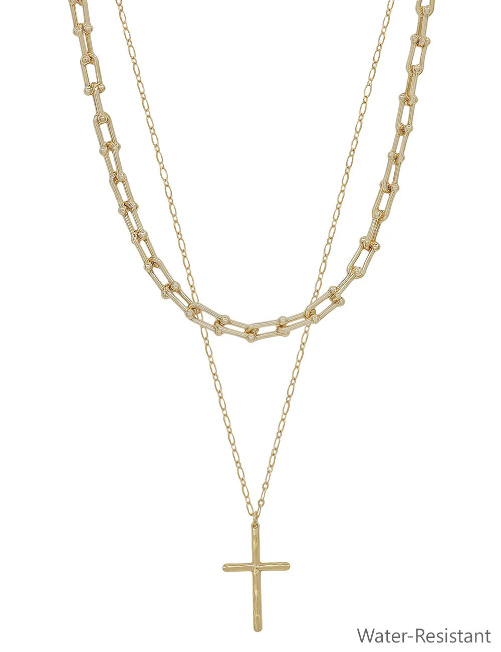 Water Resistant Gold Chain Layered with Cross