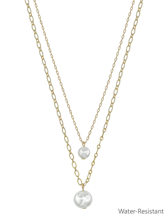 Water Resistant Thin Gold Double Layered Freshwater Pearl Necklace