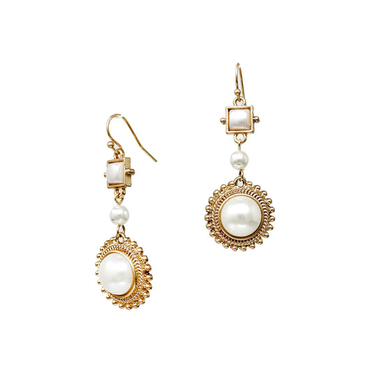 Gold Geometric and Pearl Circle 1.25” Earrings