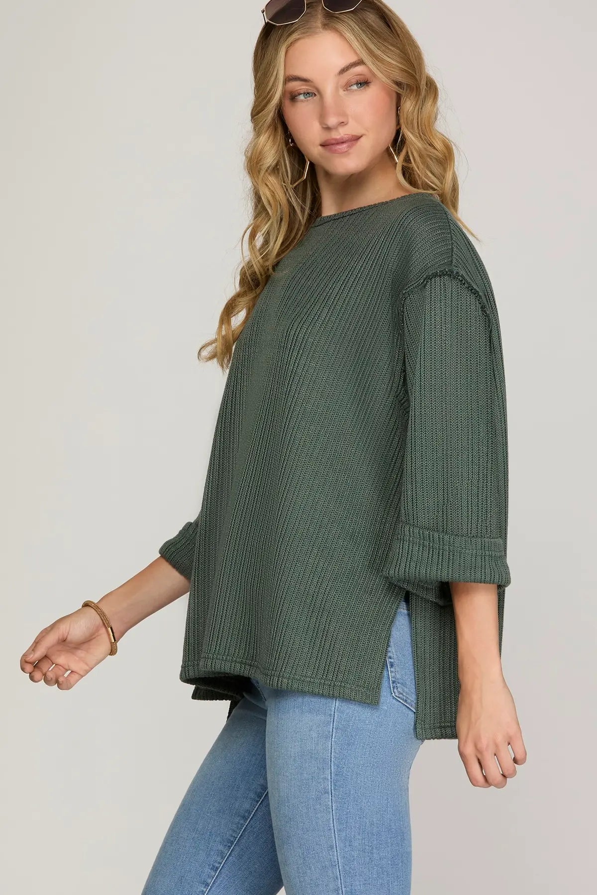 3/4 Folded Sleeve Knit Top