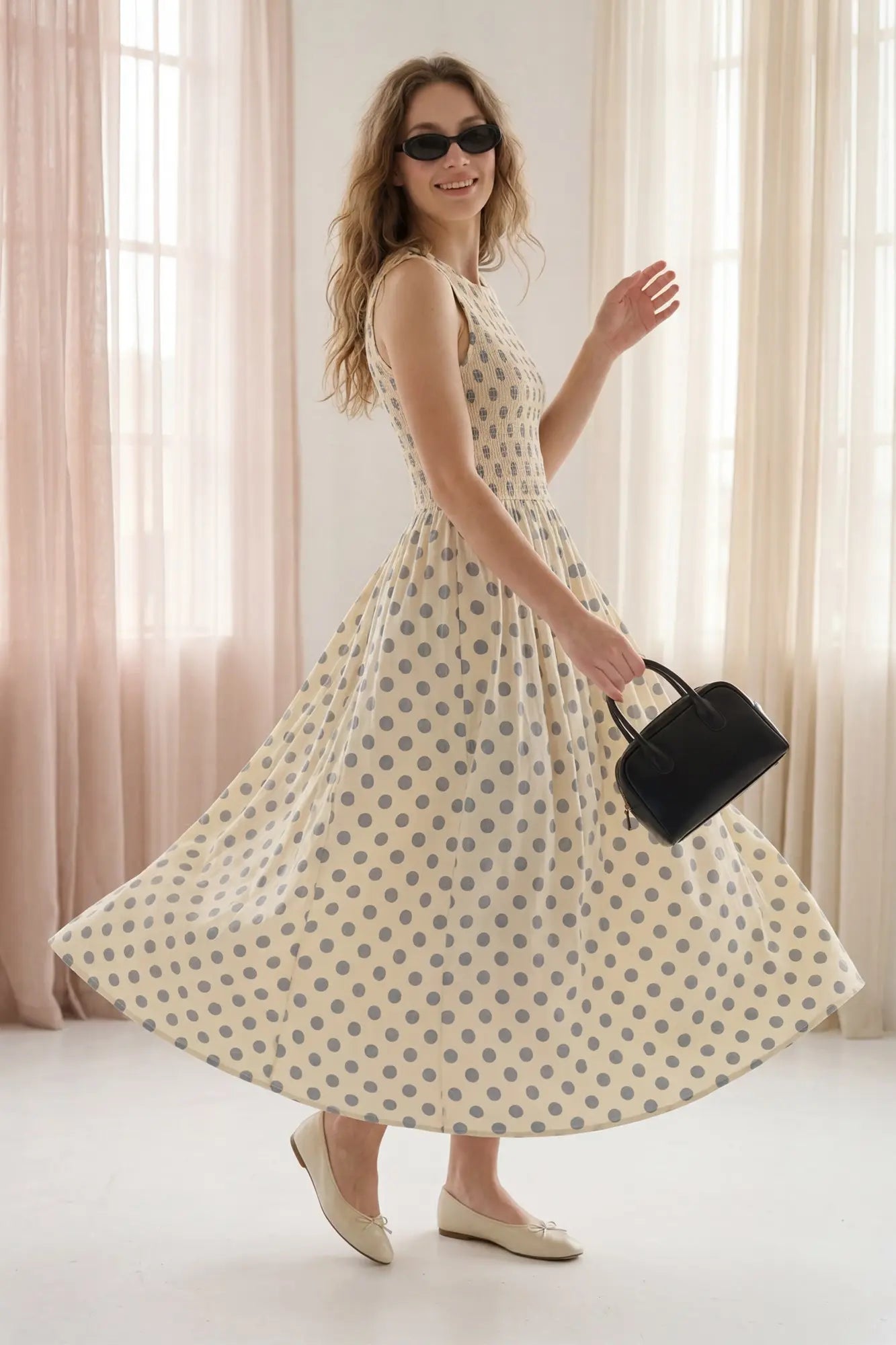 Sleeveless Polka Dot Midi Dress