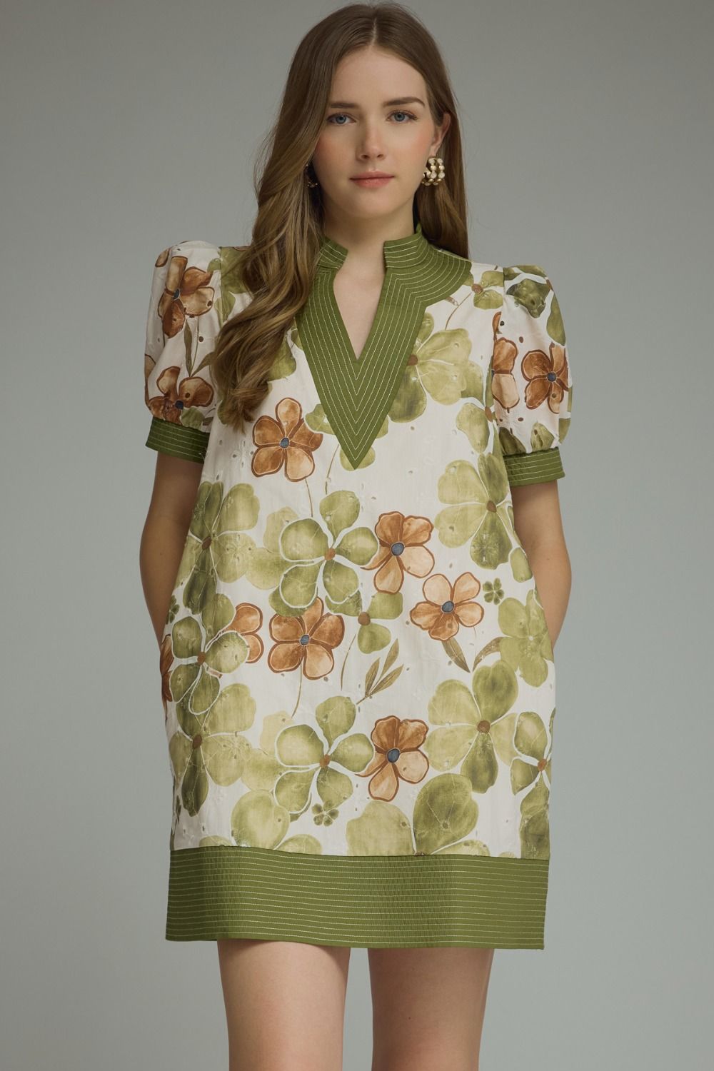 Olive Floral Puff Sleeve Dress