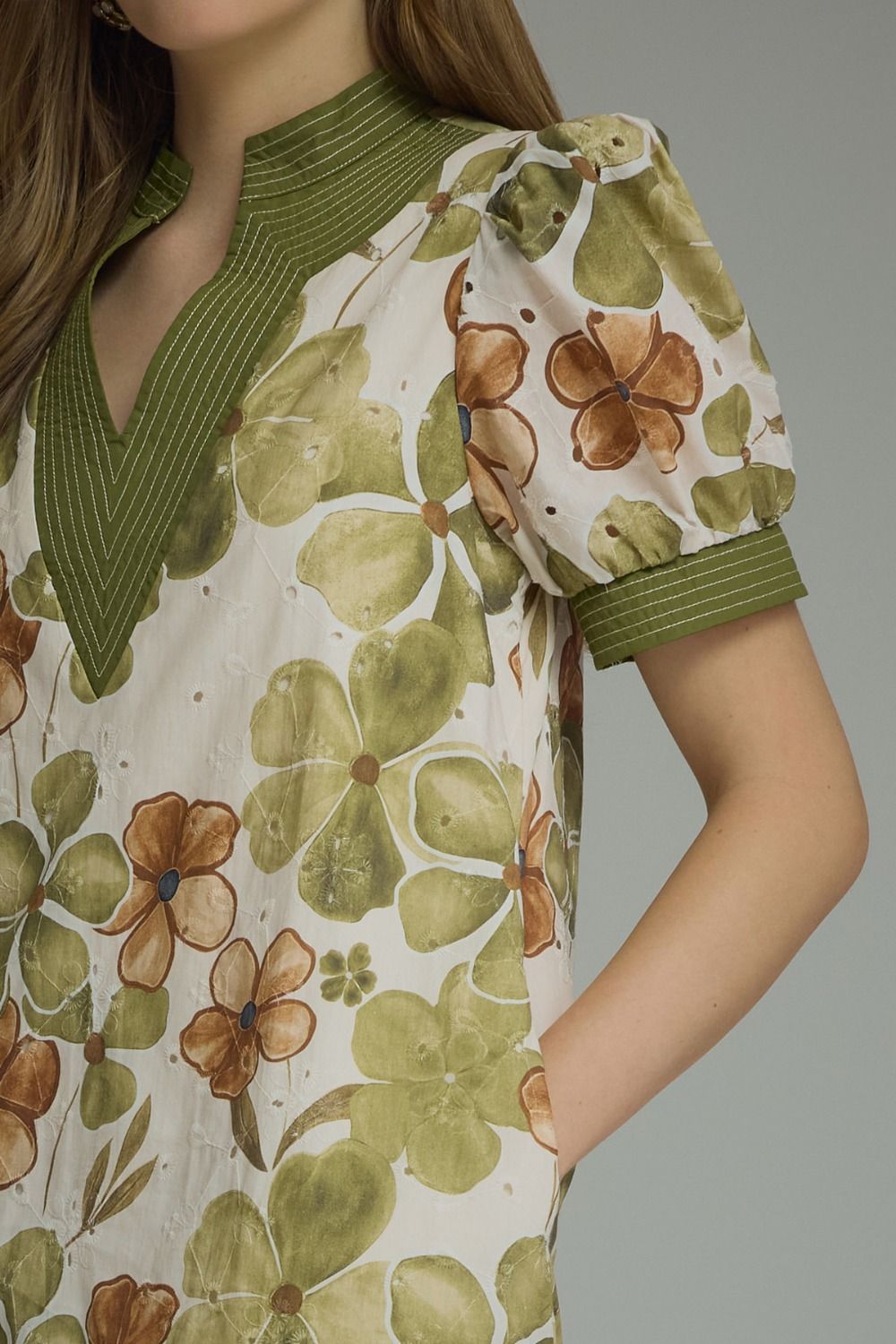 Olive Floral Puff Sleeve Dress