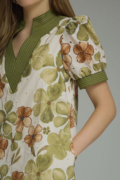 Olive Floral Puff Sleeve Dress