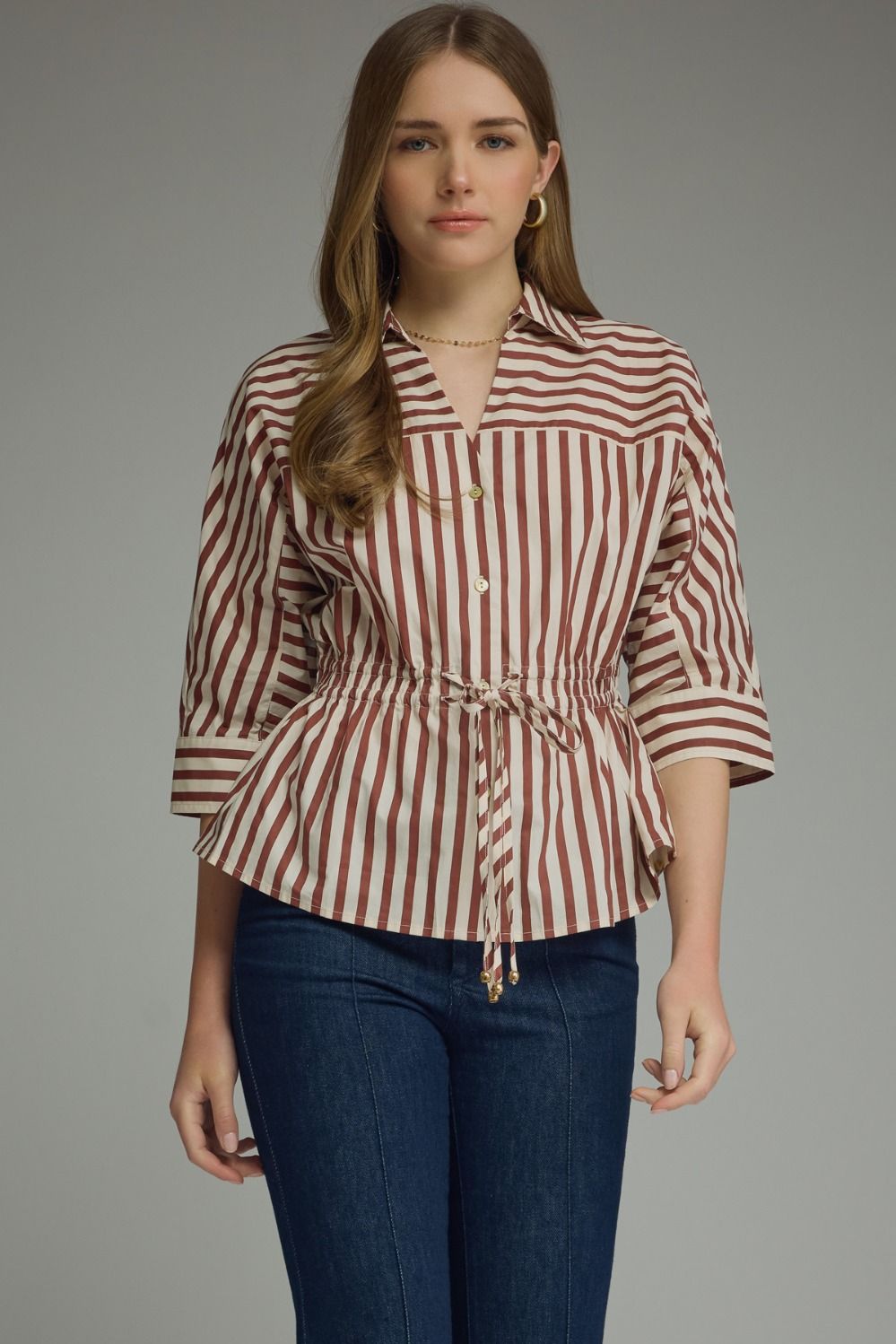 Striped 3/4 sleeve With Drawstring at Waist Top