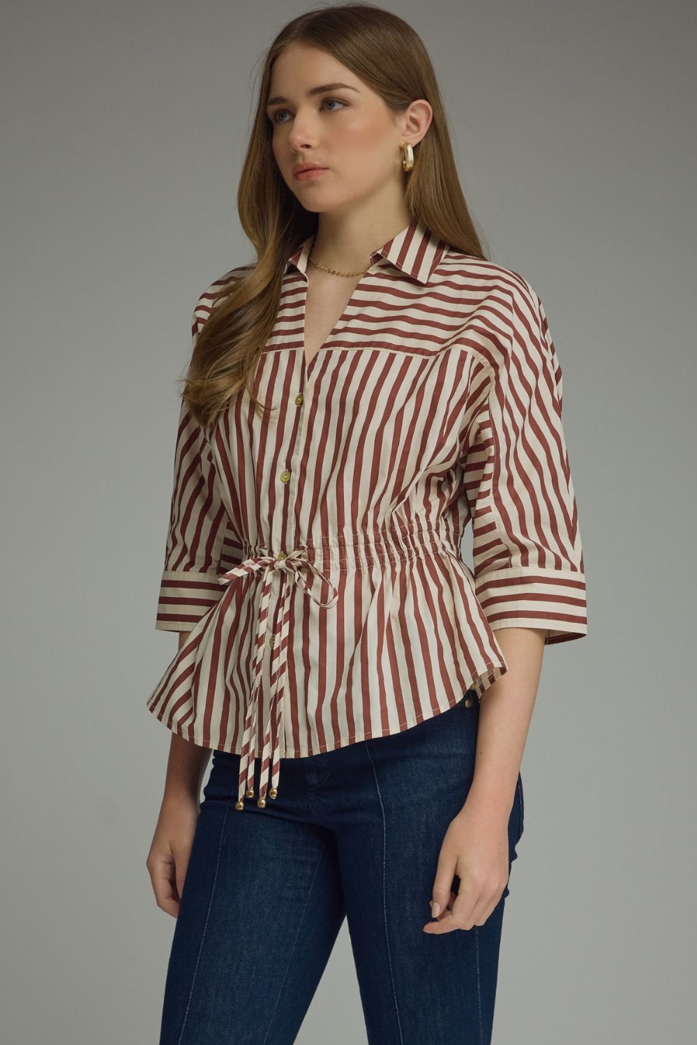 Striped 3/4 sleeve With Drawstring at Waist Top