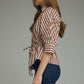Striped 3/4 sleeve With Drawstring at Waist Top