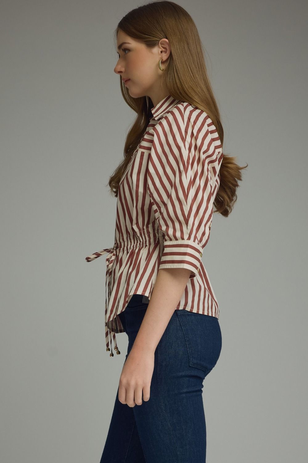 Striped 3/4 sleeve With Drawstring at Waist Top