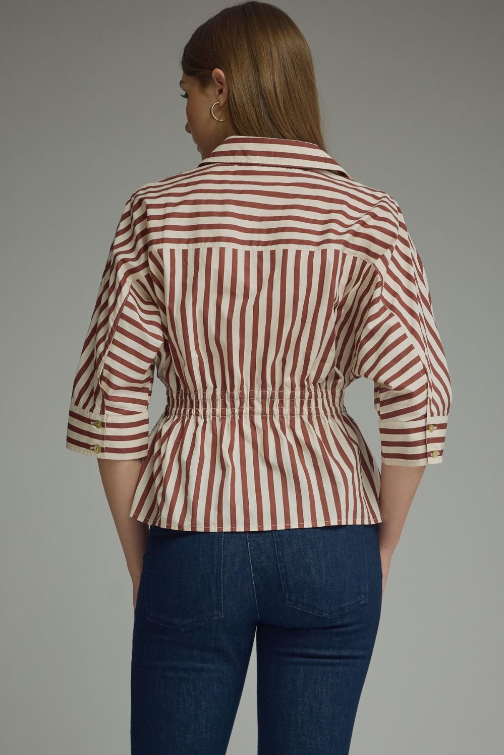 Striped 3/4 sleeve With Drawstring at Waist Top