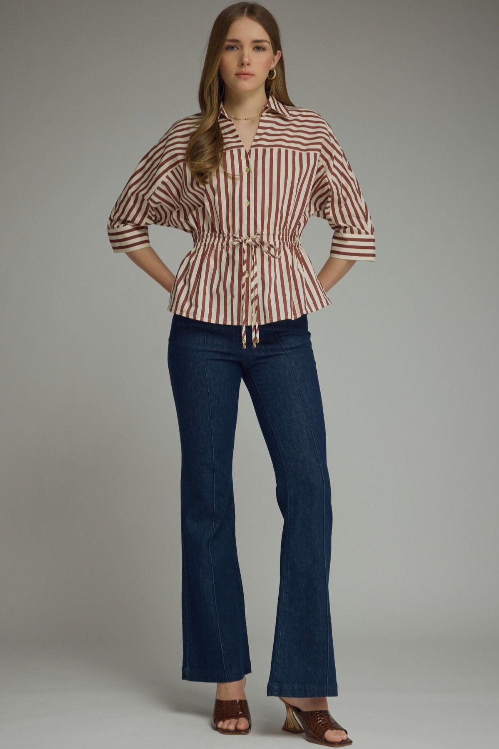 Striped 3/4 sleeve With Drawstring at Waist Top