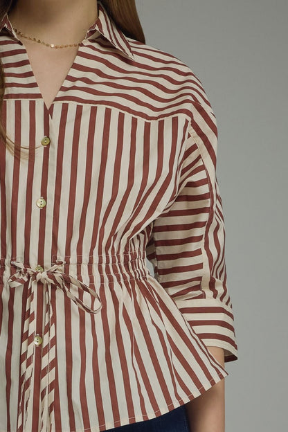 Striped 3/4 sleeve With Drawstring at Waist Top