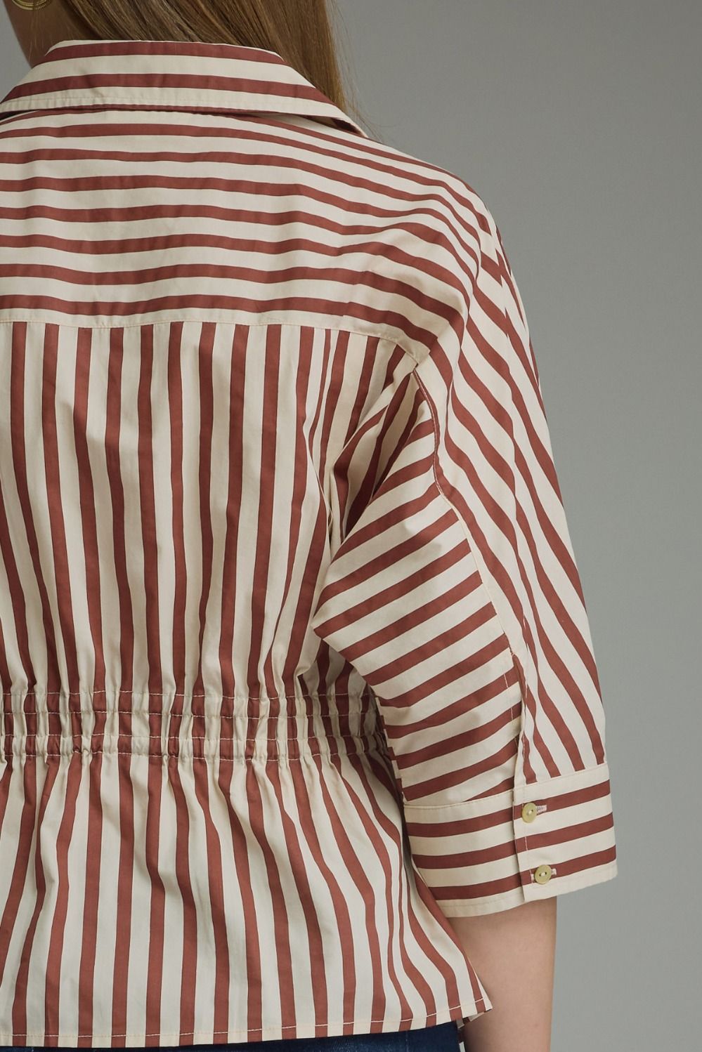 Striped 3/4 sleeve With Drawstring at Waist Top