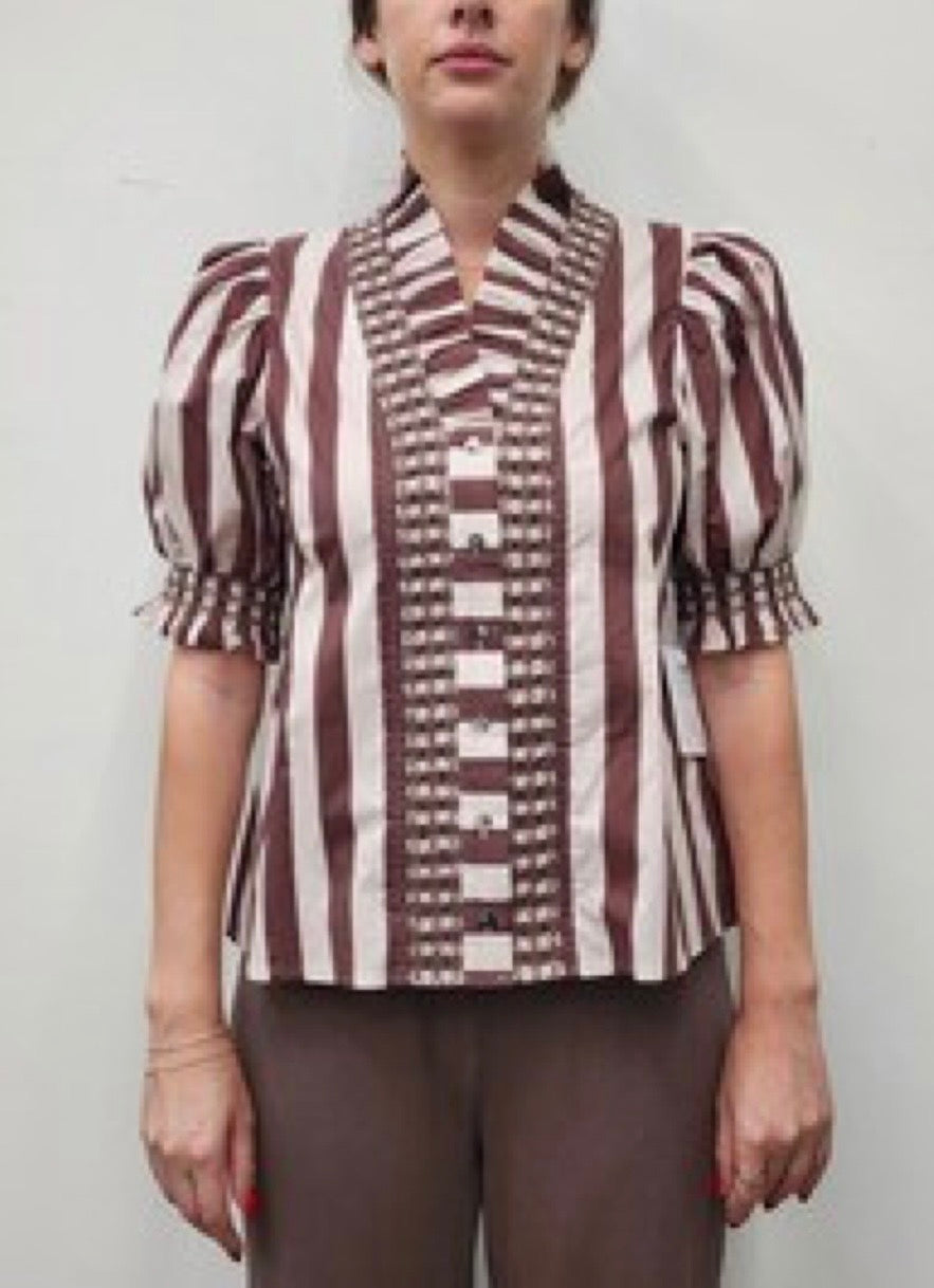 Contrasting Striped Shirt Puff Sleeve Top