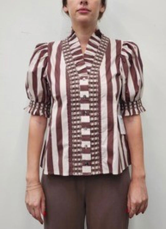 Contrasting Striped Shirt Puff Sleeve Top