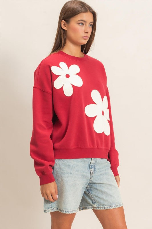 Floral Applique Crew Neck Sweatshirt