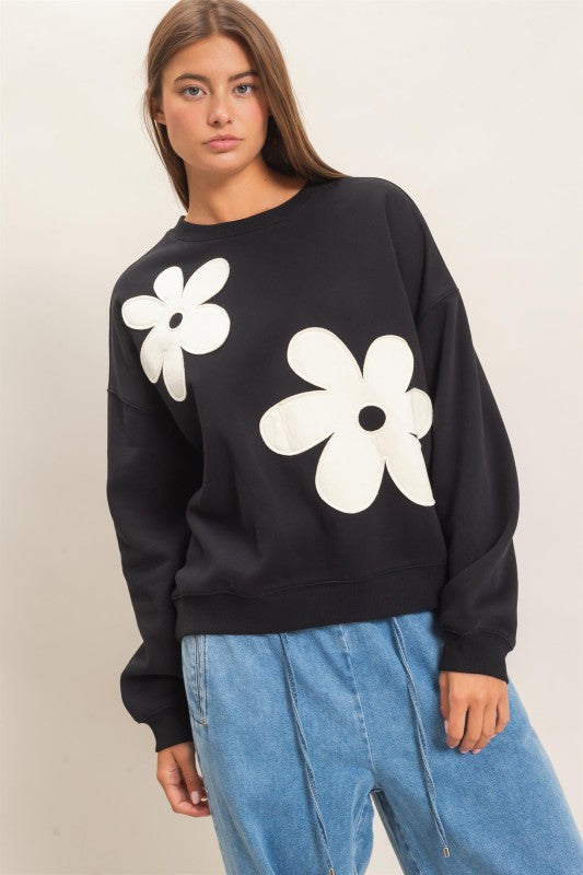 Floral Applique Crew Neck Sweatshirt