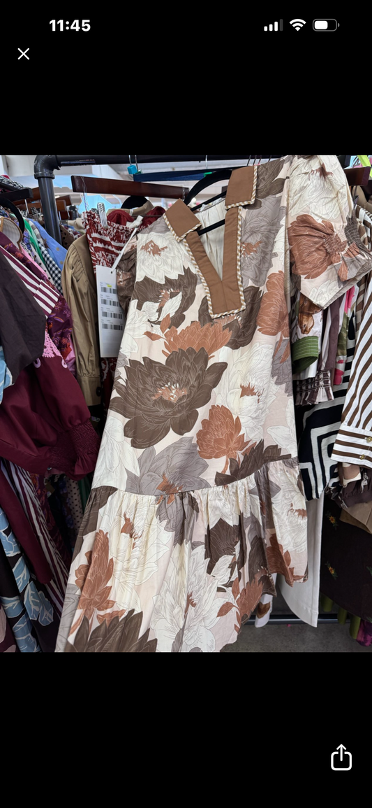 Short Puff Sleeve Mocha Floral Mini Dress with Bottom Ruffle