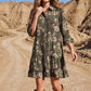 3/4 Sleeve Button Down Ruffle Hem Floral Print Mini Dress