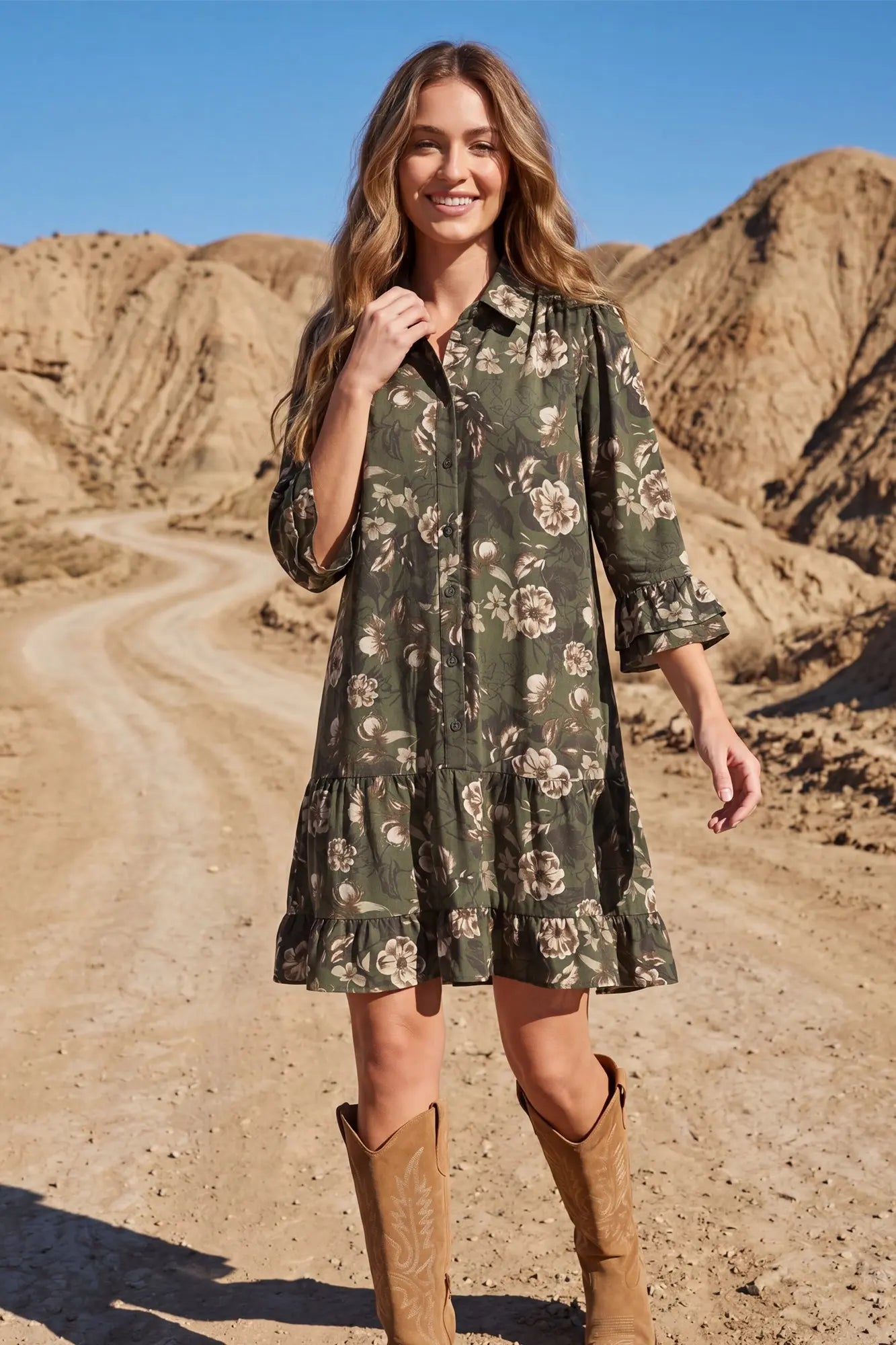 3/4 Sleeve Button Down Ruffle Hem Floral Print Mini Dress