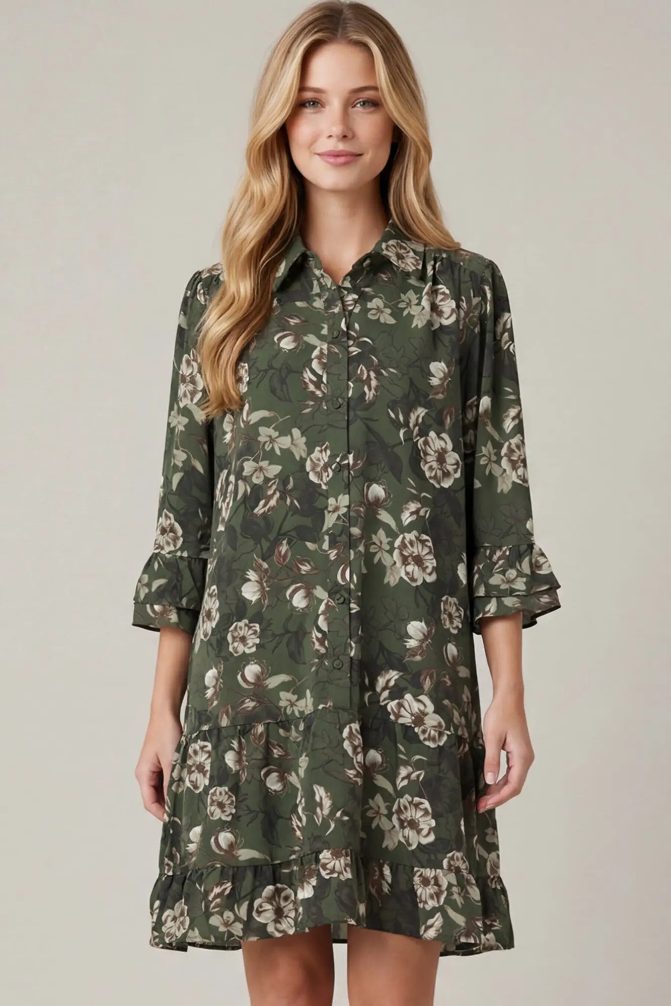 3/4 Sleeve Button Down Ruffle Hem Floral Print Mini Dress