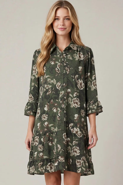 3/4 Sleeve Button Down Ruffle Hem Floral Print Mini Dress