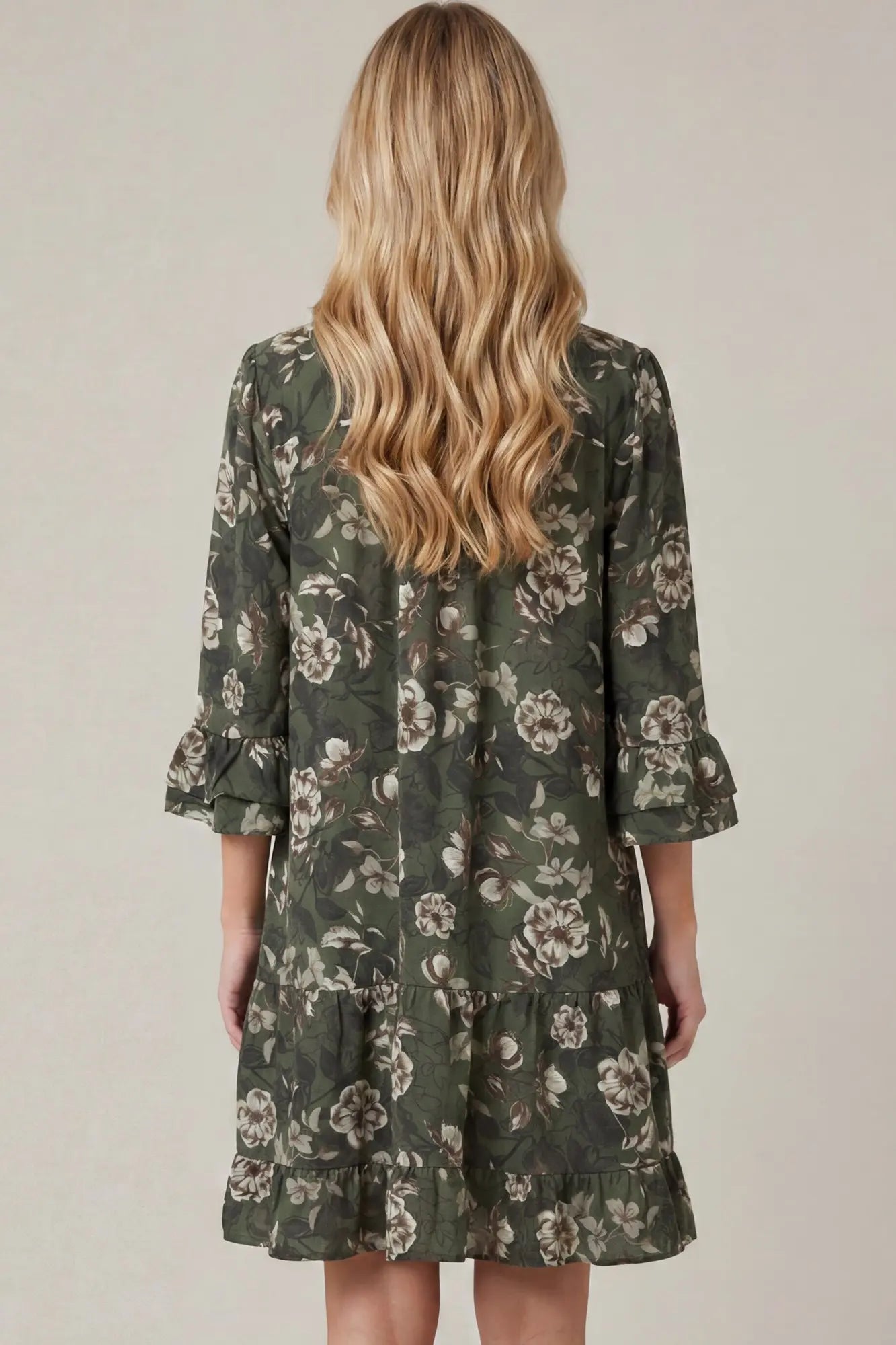 3/4 Sleeve Button Down Ruffle Hem Floral Print Mini Dress