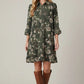 3/4 Sleeve Button Down Ruffle Hem Floral Print Mini Dress