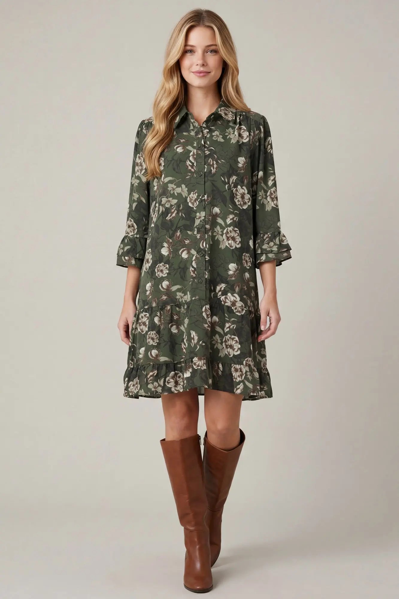 3/4 Sleeve Button Down Ruffle Hem Floral Print Mini Dress