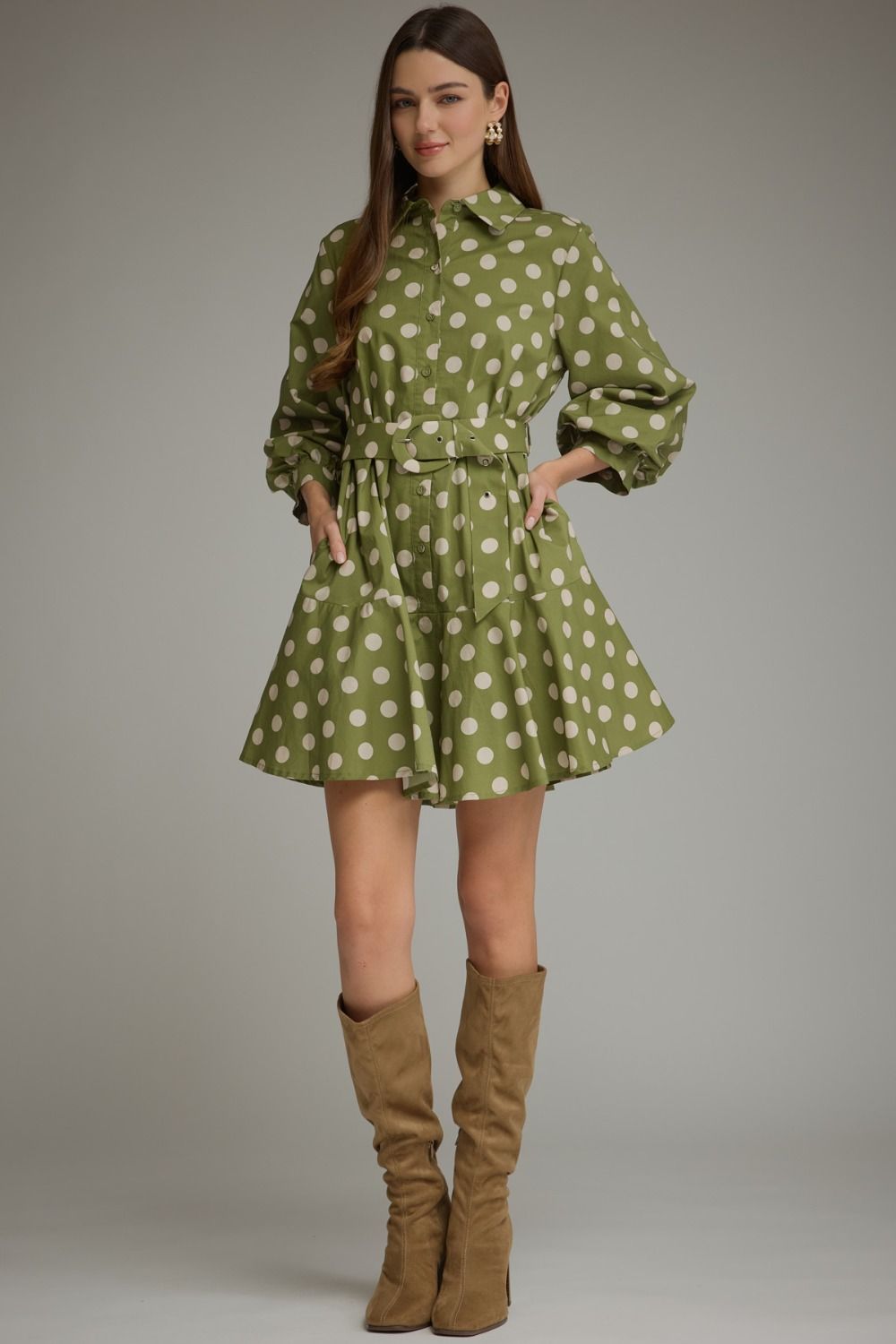 Polka Dot Long Puff Sleeve Mini Dress