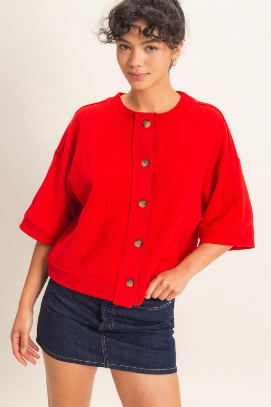 Button Down Short Sleeve Waffle Top