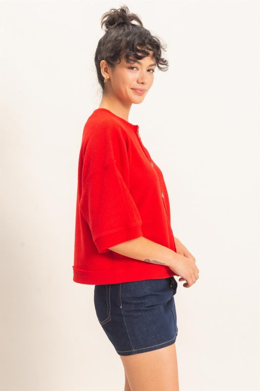 Button Down Short Sleeve Waffle Top