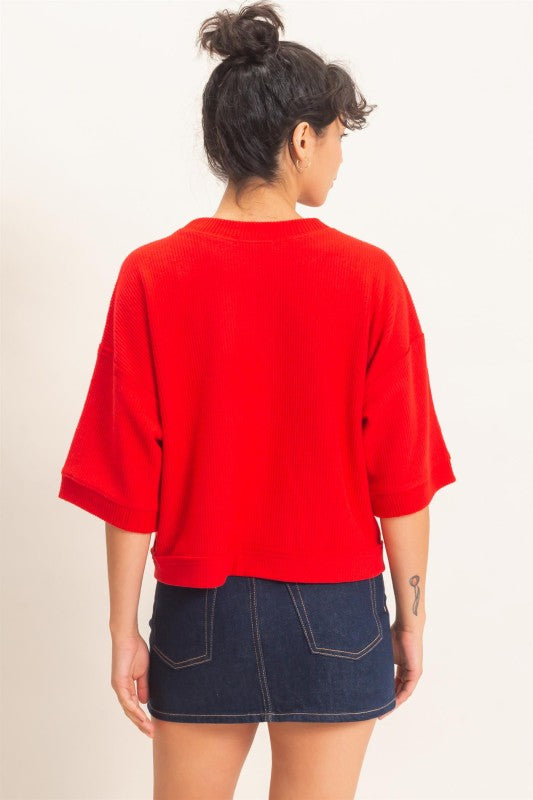 Button Down Short Sleeve Waffle Top