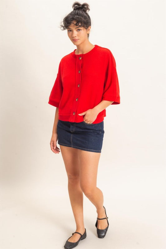 Button Down Short Sleeve Waffle Top