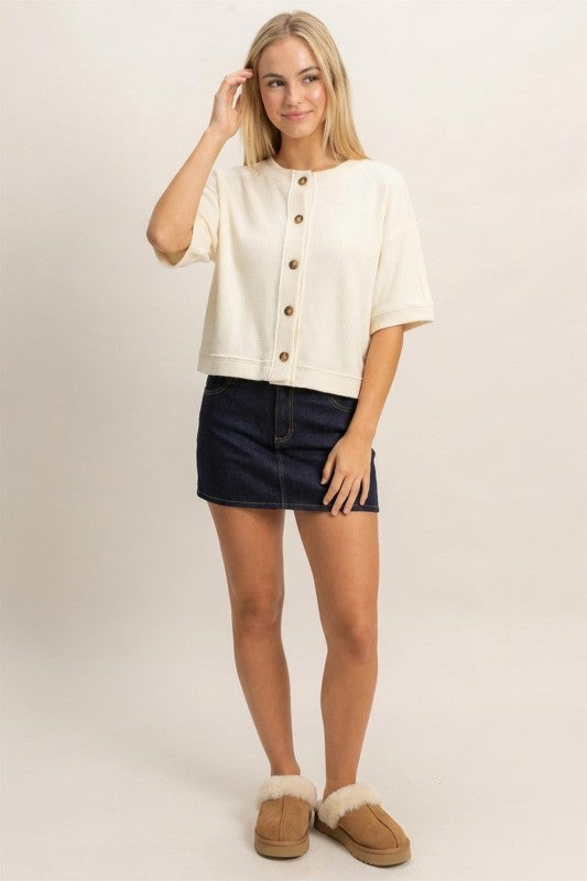 Button Down Short Sleeve Waffle Top
