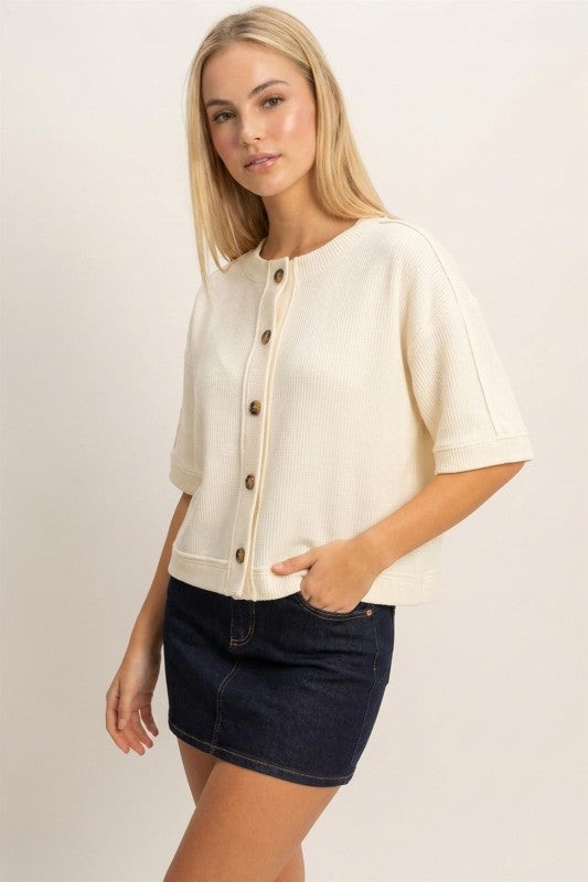 Button Down Short Sleeve Waffle Top