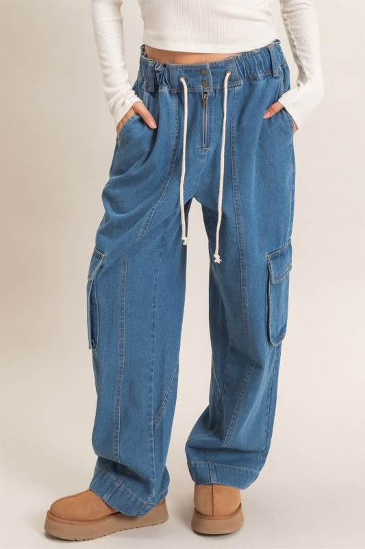 Drawstring Cargo Denim Pants